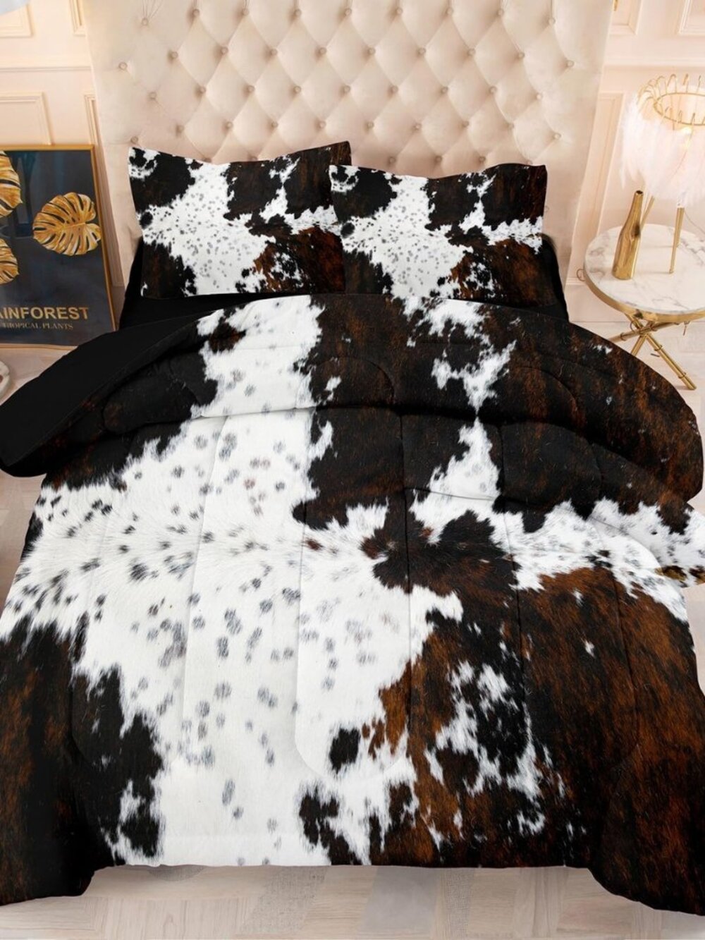 5PCS Cow Print Comforter Set Queen, Western Farmhouse Cow Print Bedding in A Bag